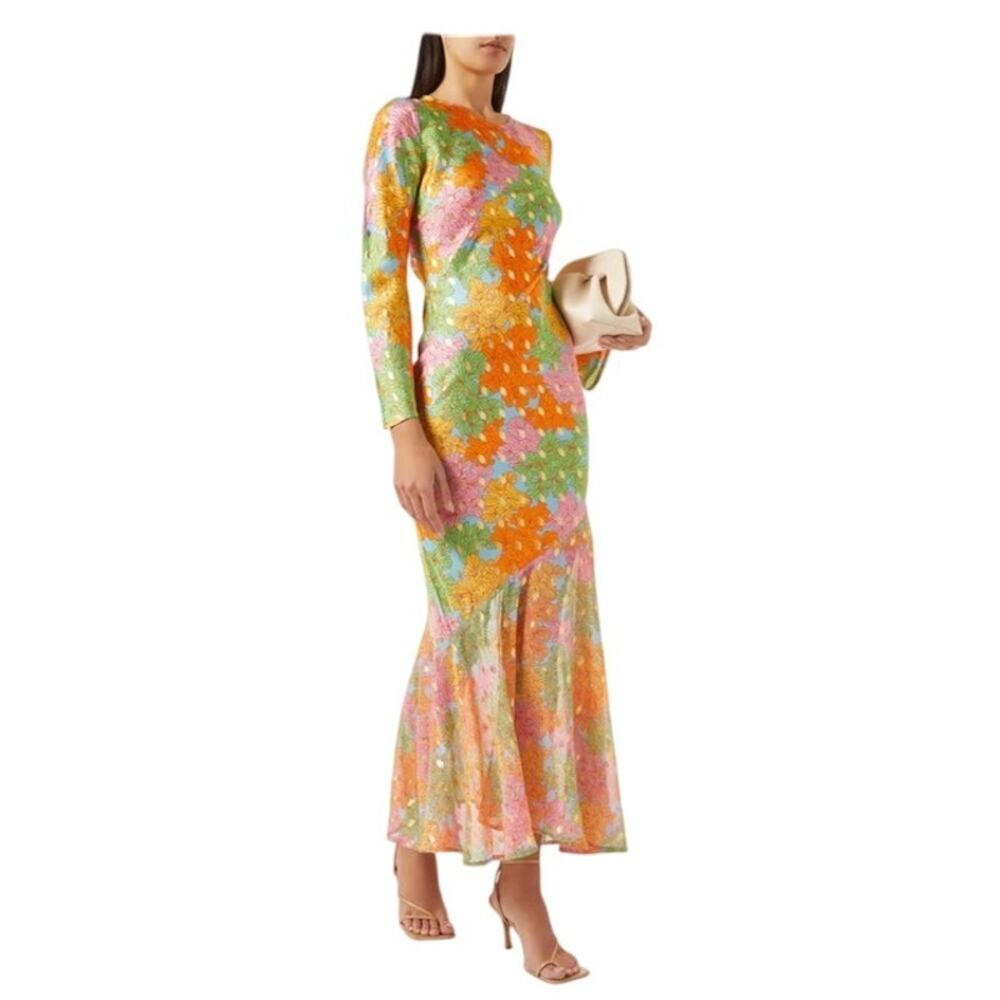 Never Full Dress Multicolor Floral Alaia Midi Long Sleeve Boho Dress 10/12 - Picture 5 of 16